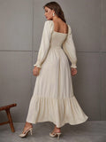 Back to School Vintage Square Neck Midi Dress Long Sleeve Ruffle A Line Robe High Waist Elasticity Commuter Office Lady Casual Long Dresses