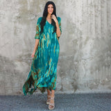 Printed V-Neck Batwing Sleeve Side Split Loose Dress For Women Clothes Plus Size Beachwear Maxi Dress Q1218