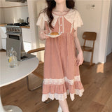 themeisles Plaid Retro Elegant Casual NightDress Soft Ruffles Sweet Simple Summer O-Neck Princess Long Sleepwear Cotton Lace Short sleeve