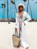Sexy Hollow Out White  Summer Dress Beach Tunic Women Beachwear Long Sleeve Front Open Self Belted Maxi Dresses Q964