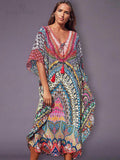 Quick-Drying Bohemian Printed Loose Summer Beach Dress Moroccan Kaftan Women Plus Size Beachwear Tassel Midi Dress Q897
