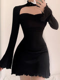 Chic Halter Frill Flare Sleeve Black Casual Dress Spring Autumn Basic Knitted Korean Clothes Cut Out Slim Women Dress
