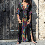 Summer Women Tunic Beach Wear Sexy Plunging Neck V Back Side Split Black Indie Folk Embroidery Kaftan Dress Vestidos Q645