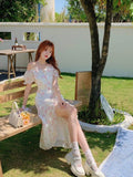 Geuxml  Summer Beach Floral Party Midi Dress Women Print Casual Elegant Short Sleeve Clothing Sexy France Vintage Fairy Dresses Slit