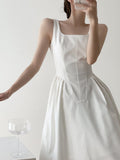 themeisles Korean Straps Midi Dress for Women  New Fashion Elegant Square Collar Sleeveless White Dress Chic Fairycore Vintage Dresses