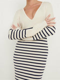 Women Knitted Long Dress Long Sleeve Deep V Neck Striped Dress Slim Fit Spring Autumn Female Vestidos Streetwear