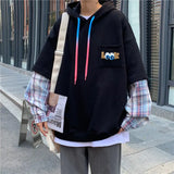 Momentlover  -  Fashion Plaid Spliced Lace Up Hooded T-Shirt Men's Clothing Autumn Winter Oversized Casual Tops Fake Two Pieces Tee Shirt