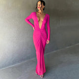 Summer New Fashion  V-neck Slim Fit Pleated Solid Long Sleeve Dress Maxi Evening Dresses for Women