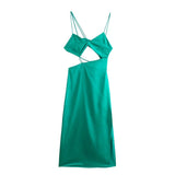 Women Satin Dress  Summer Sleeveless Backless Cutout Chic Side Slit Skinny Long Dress Sexy Nightclub Club Clothing
