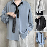 Momentlover Black Long-sleeved Shirts Men Korean Lapel Single-breasted Men Shirt Spring Autumn Loose Fit Solid Color Shirt with Tie