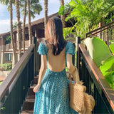 Bohemian Printed Blue Backless Sexy Summer Floral Beach Vacation Dress Female V-Neck Irregular Vestidos