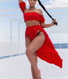 Women Mesh Sheer Bikini Cover-Ups Set See-Through Long Sleeve Crop Tops And Cover Up Skirts Two Piece Swimwear Beach Dresses