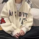 Momentlover Vintage Letter Print Zip Up Hoodie Women Jacket sweatshirt Oversized Casual Teens Clothes Hip Hop Streetwear New Korean