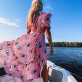 Wrinkle-Free Pink Eyes Chiffon Dresses Sexy Short Sleeve  Summer Beach Dress Women Beach Wear Swim Suit Cover Up D1