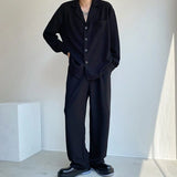 Momentlover  -  Notched Menswear Single Breasted Long Sleeve Shirts And Casual Wide Leg Straight Pants Tide New Two Pieces Set 2D0830