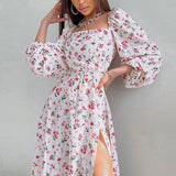 Women Spring Summer Style Dress Lady Casual Square Collar Backless Bandage Flower Printed Split A-Line Dress Vestidos SS314