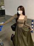 themeisles Spring  New Hepburn Style Gentle Temperament Pocket Waist Slim Panel Large Hemline Long Sleeve Dress