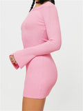 Women Ribbed Knitted Mini Pencil Dress Solid Off Shoulder Long Sleeve Party Dress Beach Club Vestidos Streetwear