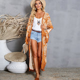Printed Fringed Long Kimono Dress Bikini Wrap Cover-Ups Plus Size Women Summer Clothes Beach Wear Swim Suit Cover Up A1098