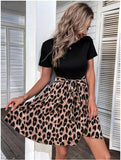 Back to School Women Leopard Patchwork A-line Dress  Summer O Neck Short Sleeve Mini Dresses Office Lady Casual Dresses Vestido Playa