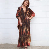 Printed V-Neck Batwing Sleeve Side Split Loose Dress For Women Clothes Plus Size Beachwear Maxi Dress Q1218
