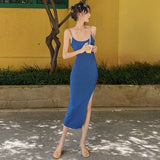 Spaghetti Strap Dresses for Women Summer Sexy Sleeveless Split Sheath Dress Solid Color Bodycon Dress SS038