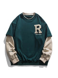 Momentlover Vintage Flocked Letter Fake Two Patchwork Hoodie Pullover Harajuku Sweatshirts Men Hip Hop Streetwear Loose Casual Tops