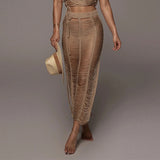 Women Dress Sets Sexy Hollow Out Knitted Two Piece Sets  Summer Short Sleeve Cropped Tops with Tassel Long Skirts Y2K Suits