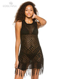 White Crochet Tunic Bikini Cover-Ups Sexy Hollow Out Sleeveless Fringed Mesh Dress Women Beach Wear Casual Mini Dress Q1398