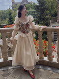 Vintage Elegant Print Floral Dress Women  Autumn O-neck Casual Evening Party Midi Dress Female Puff Sleeve Korea Fairy Dress