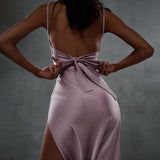 Summer New Fashion Backless Strap Slim Split Sling Dress Purple Elegant Style Birthday Dress for Women