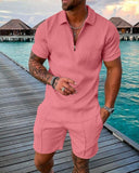 Momentlover Men's Polo Suit Fashion Men Sets Mens Solid Color Summer V-neck Zipper Short Sleeve POLO Shirt+Shorts Two Pieces Men Casual Suit