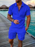 Momentlover Men's Polo Suit Fashion Men Sets Mens Solid Color Summer V-neck Zipper Short Sleeve POLO Shirt+Shorts Two Pieces Men Casual Suit