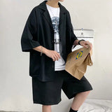 Momentlover  -  Summer Men's Sets Half Sleeve Blazer Suits Solid Short Sleeve Button Shirt + Shorts Korean Handsome Loose  2 Piece Set Outfits