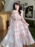 Summer Floral Pink Dress Women Print Fairy Midi Dresses Female Holiday High Street Designer Chic Korean Fashion Strap Dress