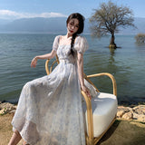 Sky Blue Printed Maxi Dresses for Women Summer Beach Style Boho Long Square Collar  Vestido Midi Elegante French