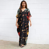 Printed V-Neck Batwing Sleeve Side Split Loose Dress For Women Clothes Plus Size Beachwear Maxi Dress Q1218