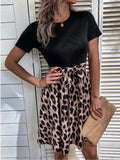 Back to School Women Leopard Patchwork A-line Dress  Summer O Neck Short Sleeve Mini Dresses Office Lady Casual Dresses Vestido Playa