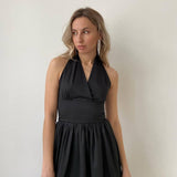 Solid Color Neck-mounted Dress French Vintage Women Clothes Party Beach Style Summer Vacation Vestido De Mujer
