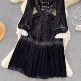 - Retro dress women's lace patchwork waist ruffle velvet dress GEU809
