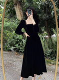 - Black square neck velvet long dress GEU713