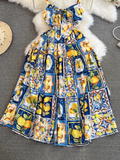 - Mid-length a-line lemon print suspender dress seaside vacation long dress GEU885