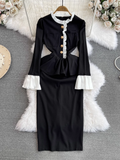 - Flared long-sleeve stand-up collar waist bodycon dress  GEU991