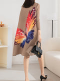 Momentlover Casual Long Sleeves Loose Contrast Color Printed Pleated Beaded Stand Collar Mini Dresses
