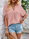 Momentlover Solid Color Jacquard Loose Half Sleeves V-Neck T-Shirts Tops
