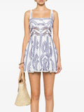 Momentlover Printed Hollow Elasticity Buttoned Sleeveless Loose Spaghetti-Neck Mini Dresses