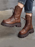 Momentlover Vintage Cow Leather Mid Heels Height Boots