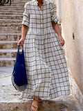 Momentlover Long Sleeves Loose Buttoned Plaid Split-Joint Stand Collar Maxi Dresses