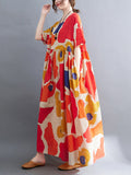 Momentlover Artistic Retro Short Sleeves Loose Contrast Color Printed Round-Neck Midi Dresses