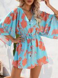 Momentlover Flower Print Drawstring Buttoned Loose Half Sleeves V-Neck Mini Dresses
